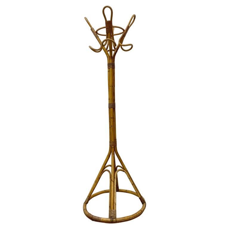 Natural Bamboo and Rattan Coat Rack in the Manner of Franco Albini, 1950s  at 1stDibs | rattan coat stand, wicker coat rack, rattan coat hanger