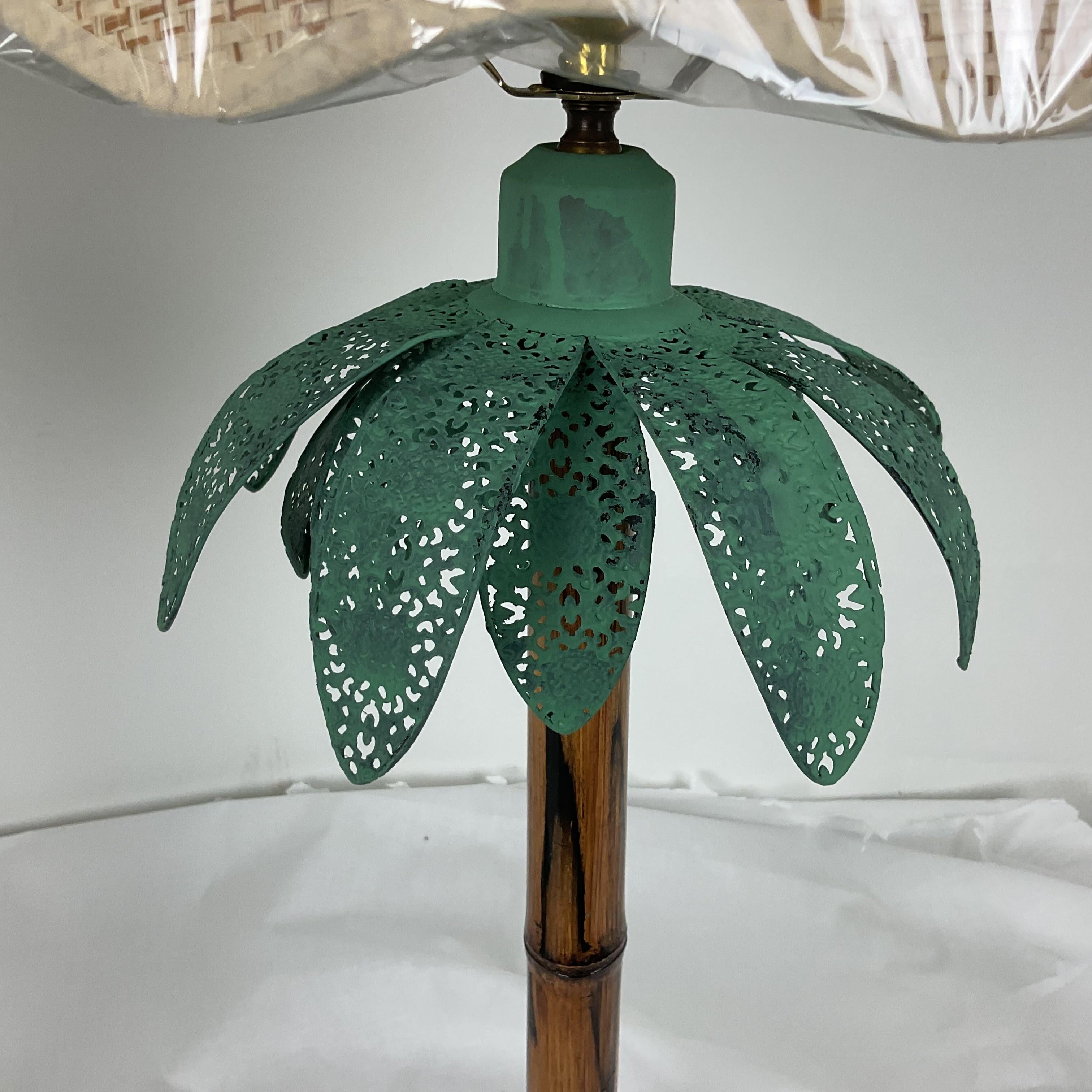 Natural Bamboo and Verde Metal Palm Lamps with Shades and Finials 5