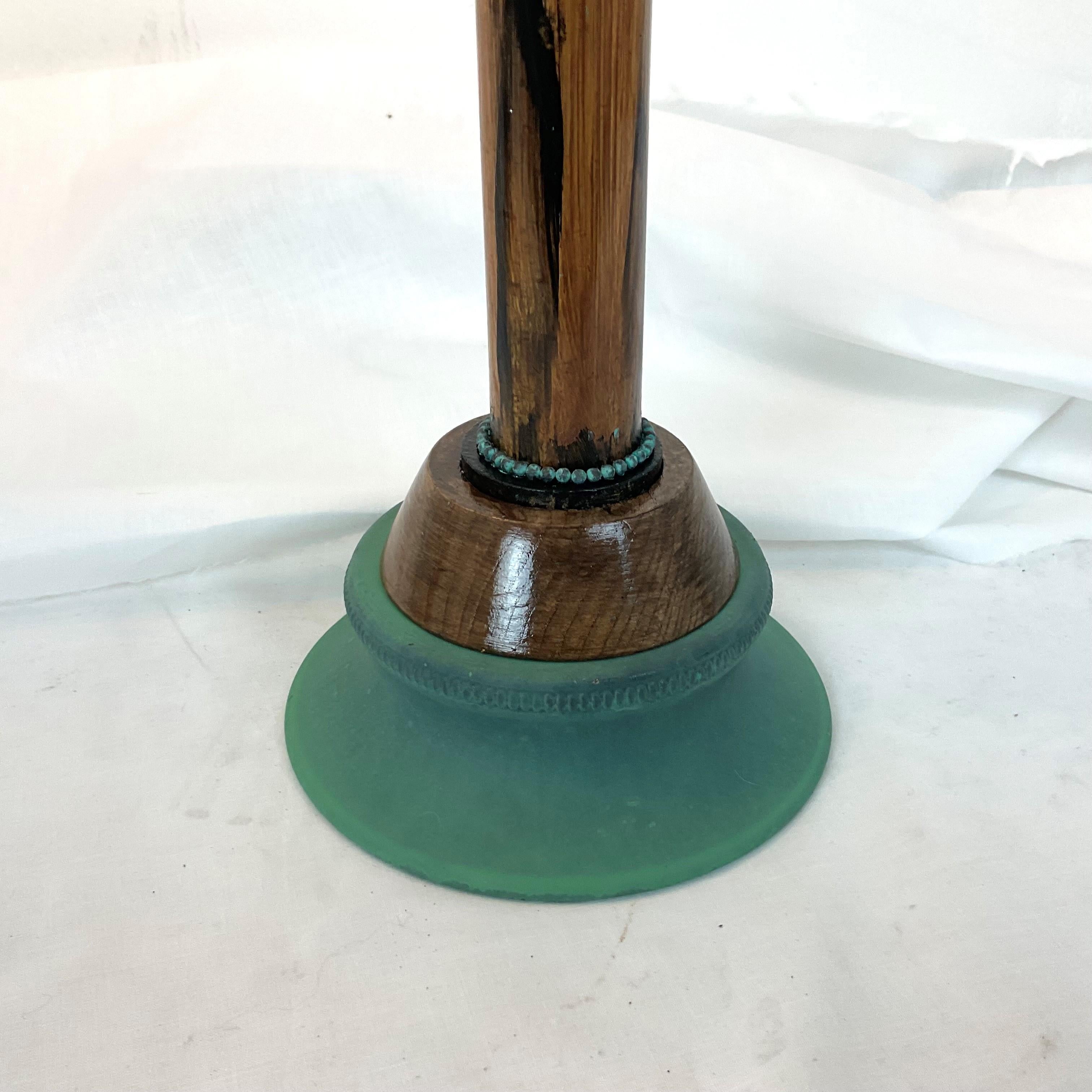 Super Charming one-of-a-kind Lamp pair in Natural Bamboo and Verde Metal. Includes scalloped woven shade and green rock finials. All new wires and sockets. Amazing on a casual chic coastal console entry hall table or in a groovy bedroom.