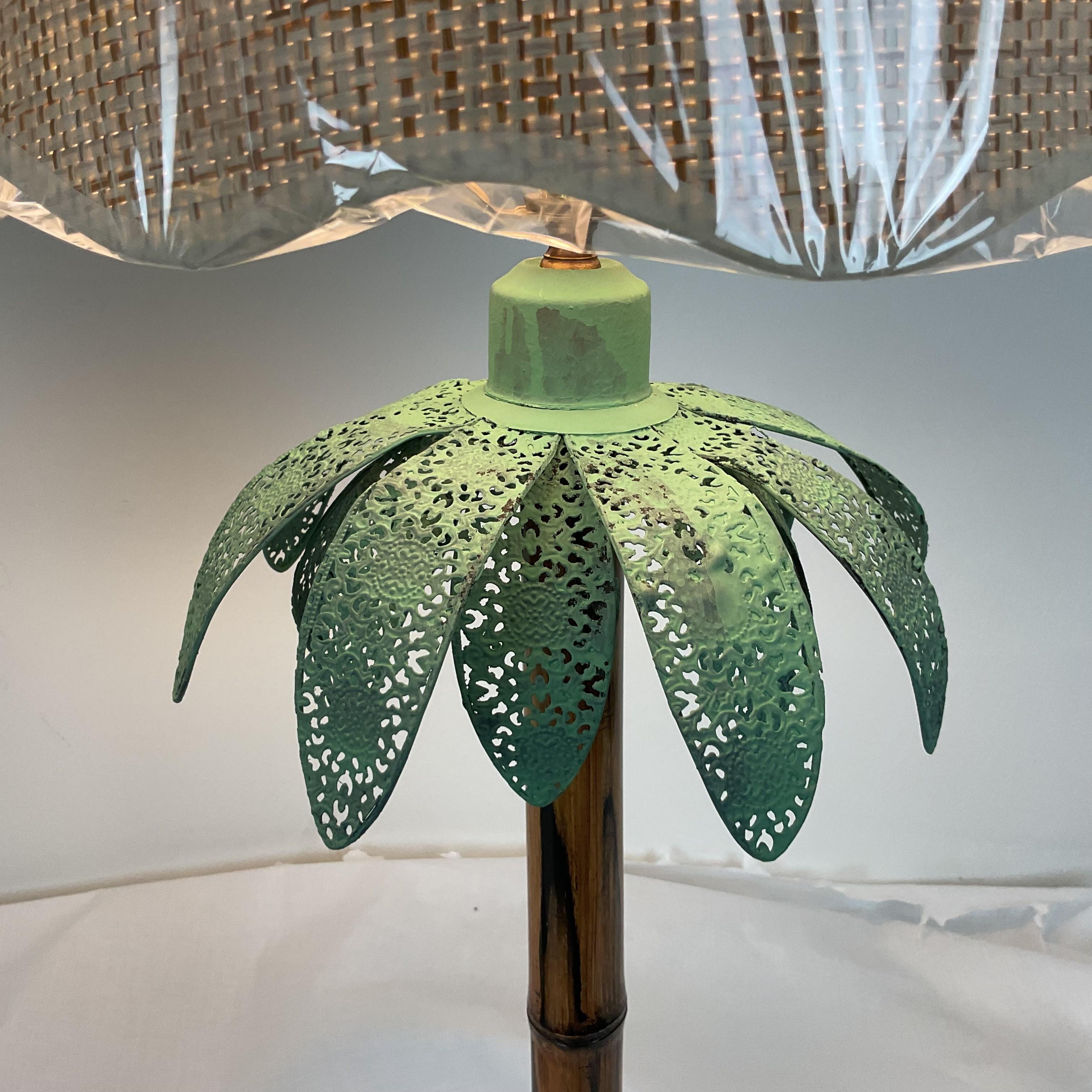 American Natural Bamboo and Verde Metal Palm Lamps with Shades and Finials