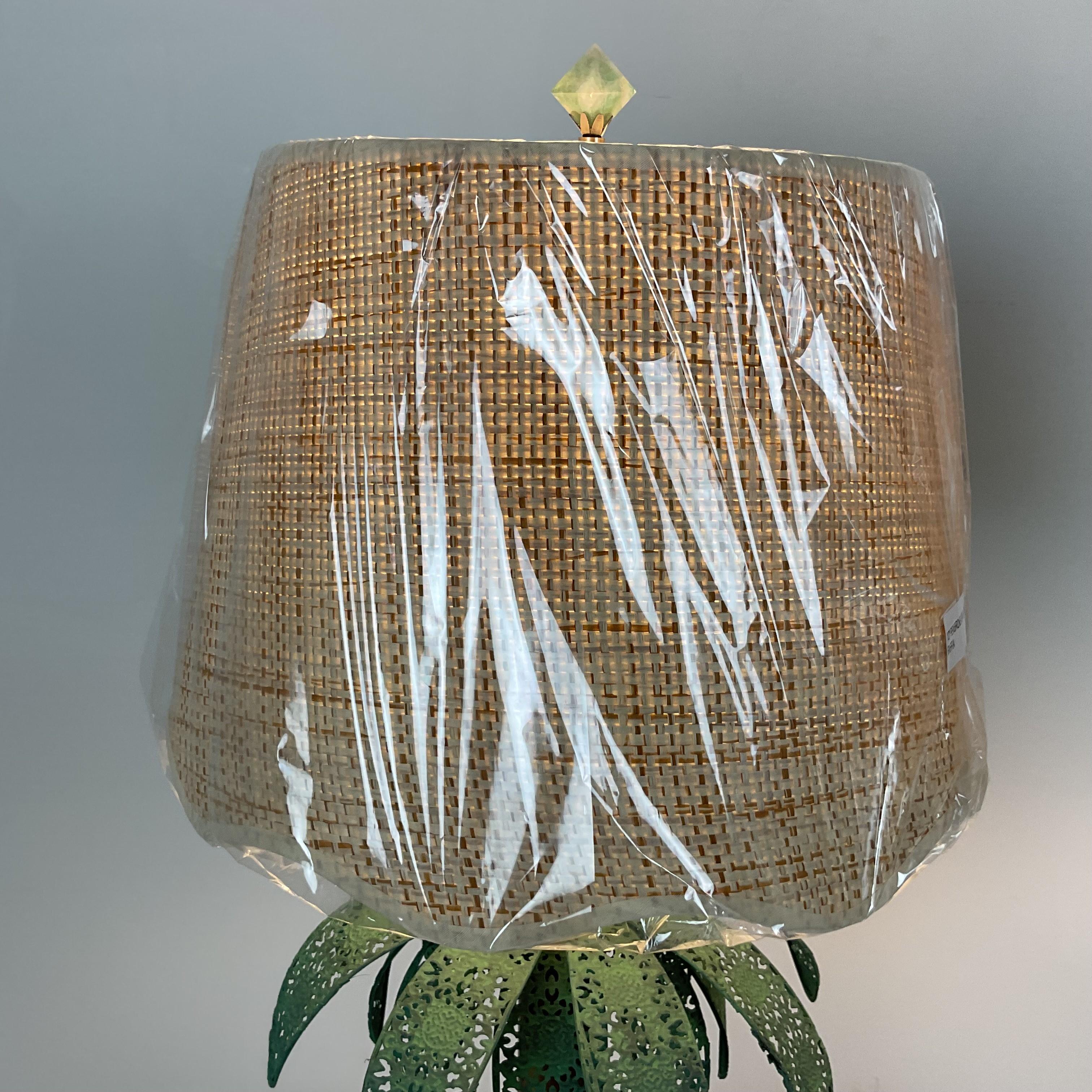 Contemporary Natural Bamboo and Verde Metal Palm Lamps with Shades and Finials