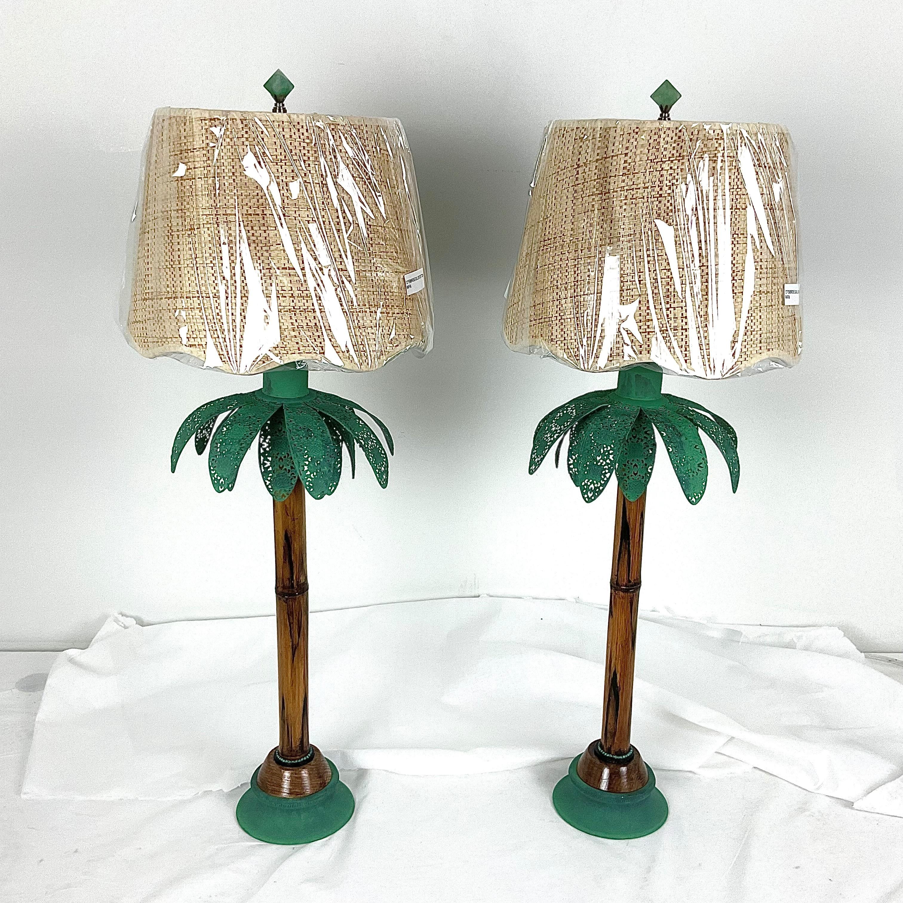 Natural Bamboo and Verde Metal Palm Lamps with Shades and Finials 1