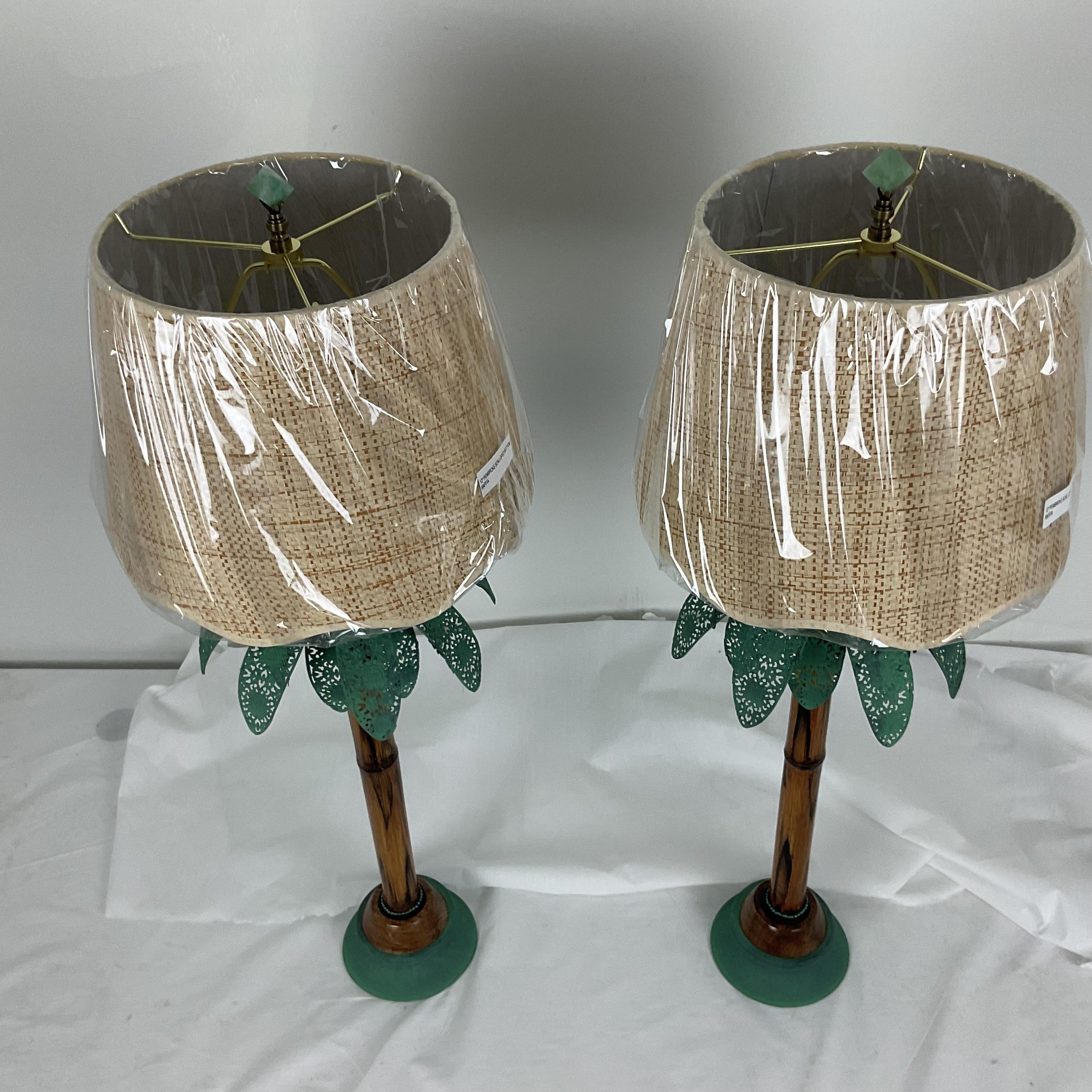 Natural Bamboo and Verde Metal Palm Lamps with Shades and Finials 2