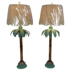 Natural Bamboo and Verde Metal Palm Lamps with Shades and Finials