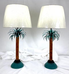 Natural Bamboo and Verde Metal Palm Tale Lamps with Shades