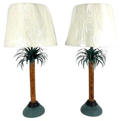 Natural Bamboo and Verde Metal Palm Tale Lamps with Shades