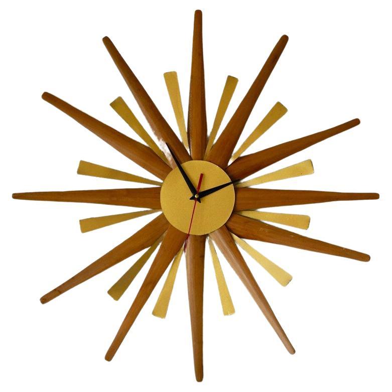 Natural Bamboo Mid-Century Style Starburst Clock Hand Made For Sale