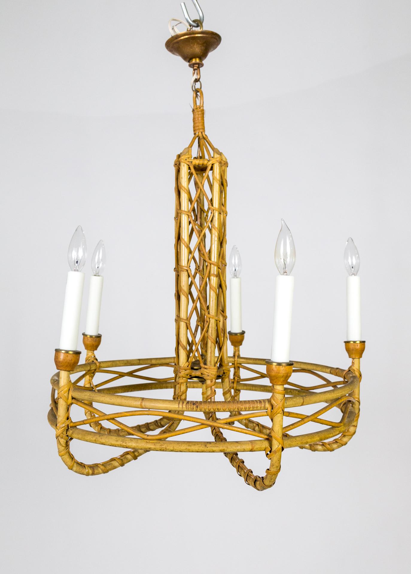 Natural Bamboo & Rattan 5-Light Chandelier For Sale 2