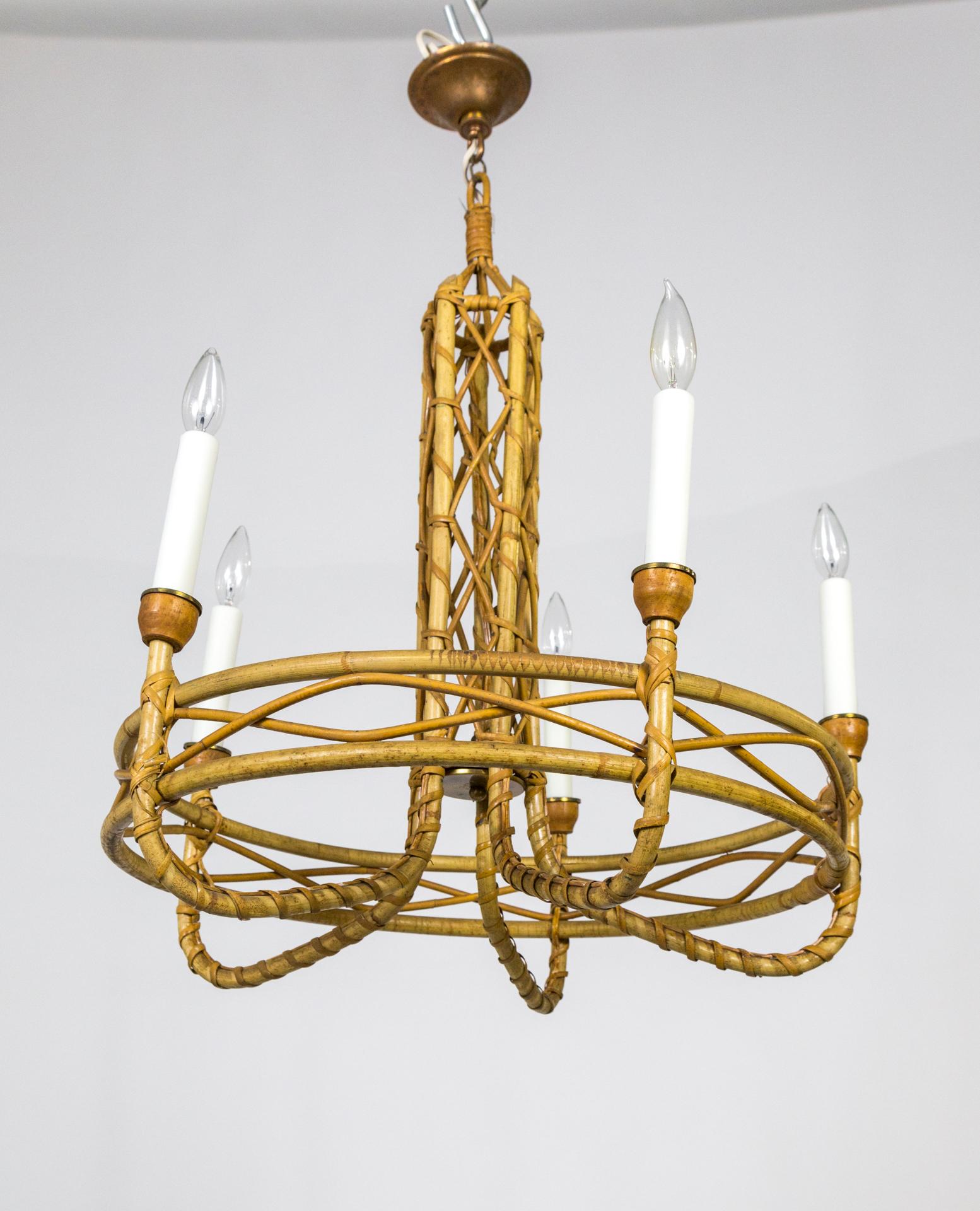 Natural Bamboo & Rattan 5-Light Chandelier For Sale 3