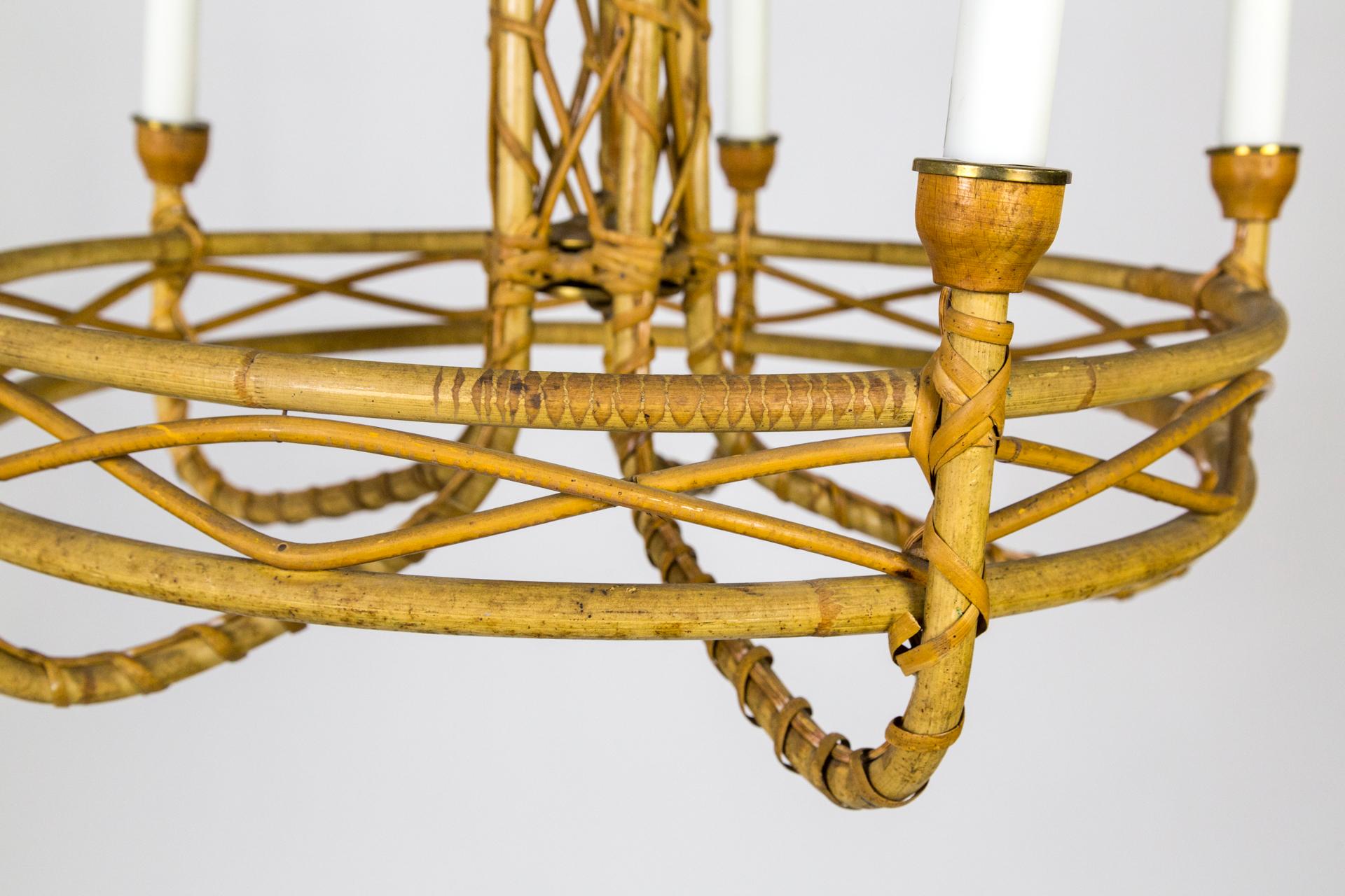 Natural Bamboo & Rattan 5-Light Chandelier For Sale 4