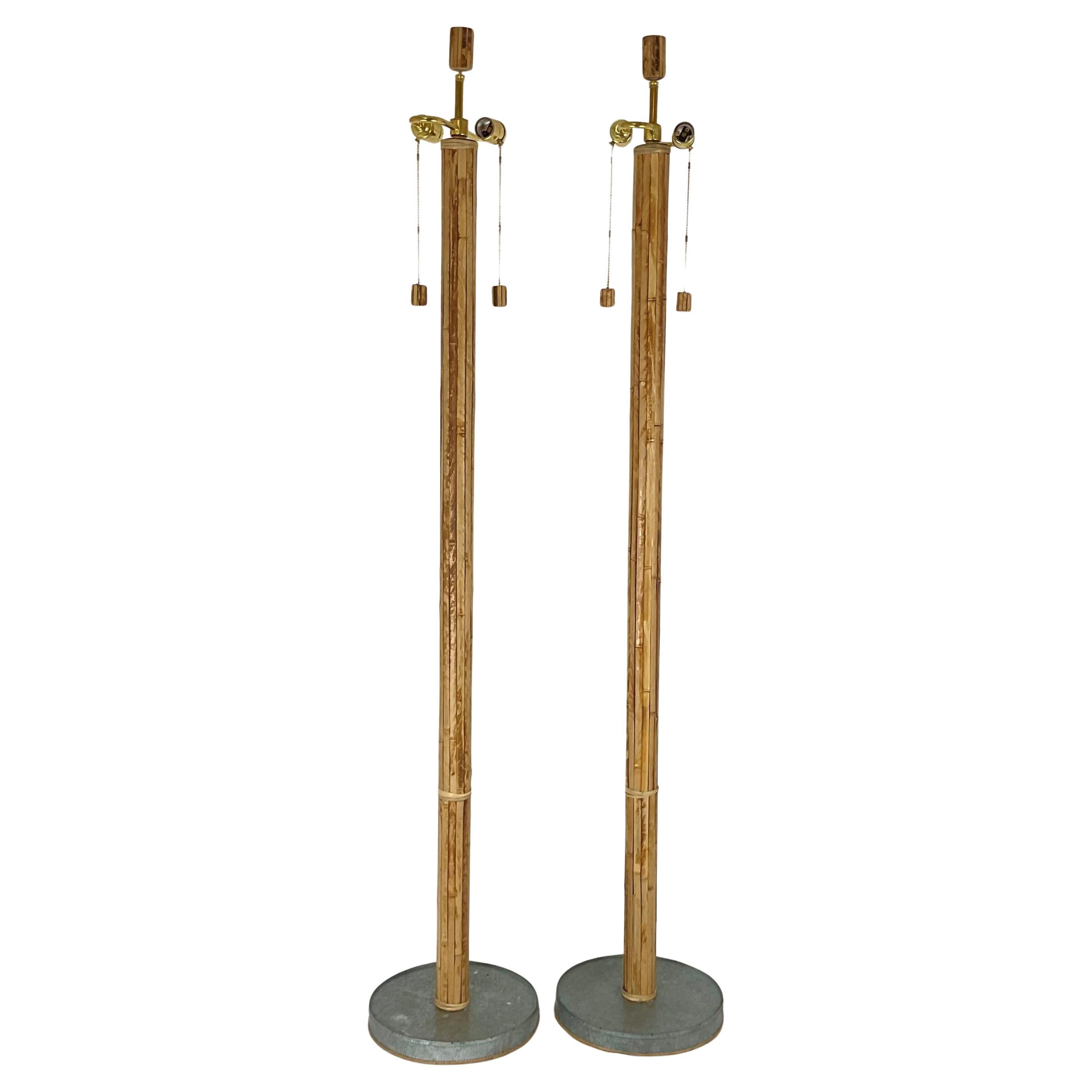 Natural Bamboo Strip Floor Lamp Pair For Sale