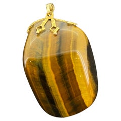 Natürlicher Tigerauge 9K Gelbgold Vintage-Anhänger mit Bändern - 45 mm x 27 mm