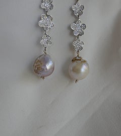 Natural Baroque Cultured Pearls Cubic Zirconia 925 Sterling Silver Long Earrings
