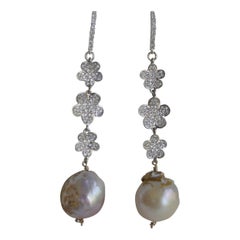 Natural Baroque Cultured Pearls Cubic Zirconia 925 Sterling Silver Long Earrings