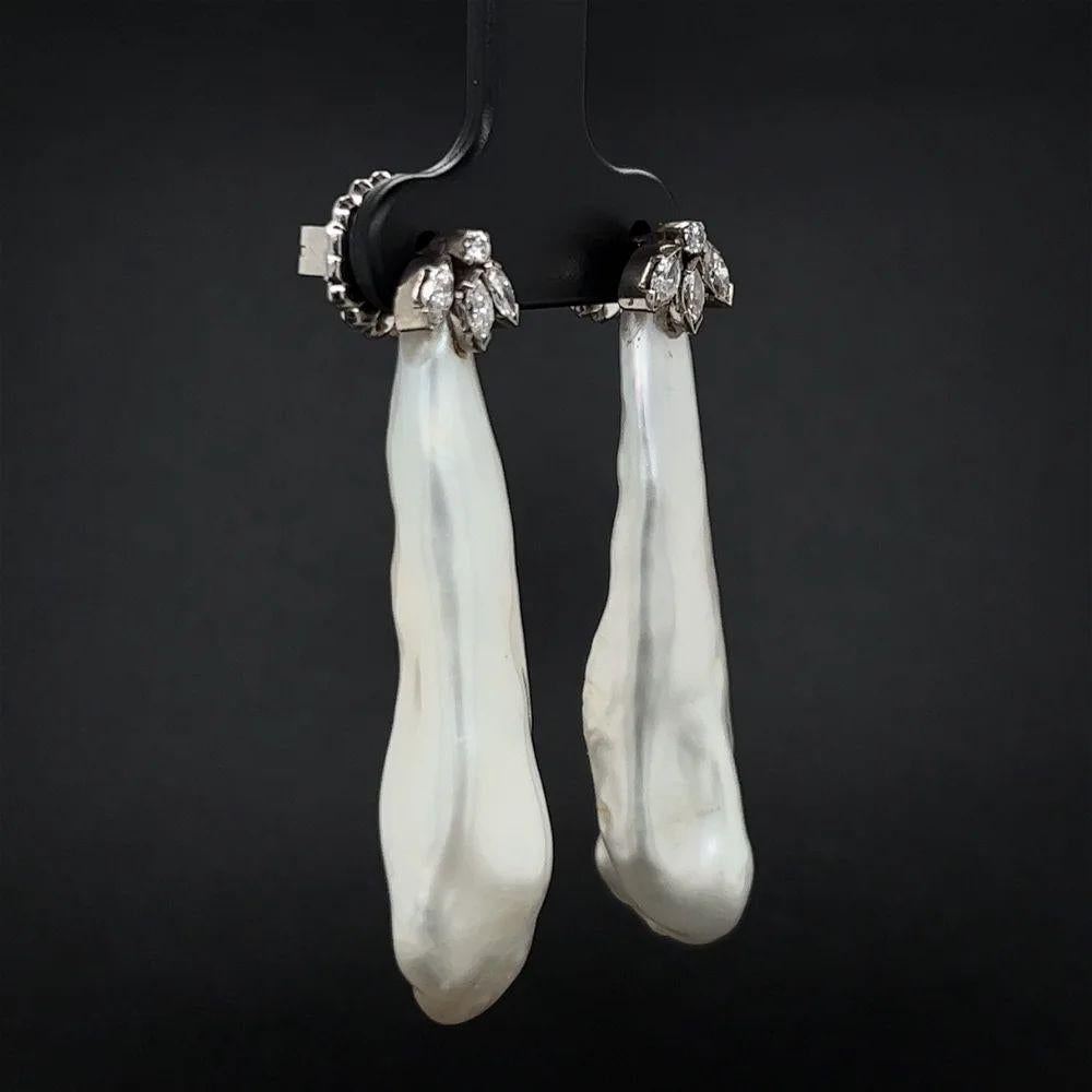 Modern Natural Baroque Pearl and Diamond Drop Gold Vintage Statement Earrings For Sale