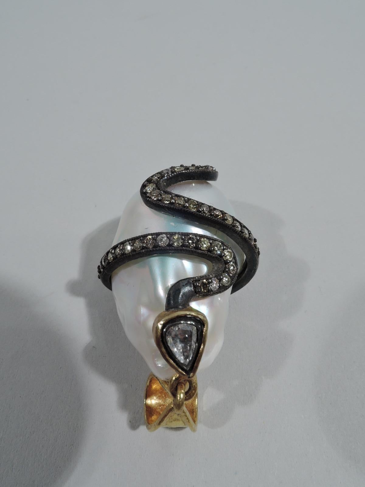Modern Natural Baroque Pearl Pendant with Diamond-Encrusted Silver Snake For Sale