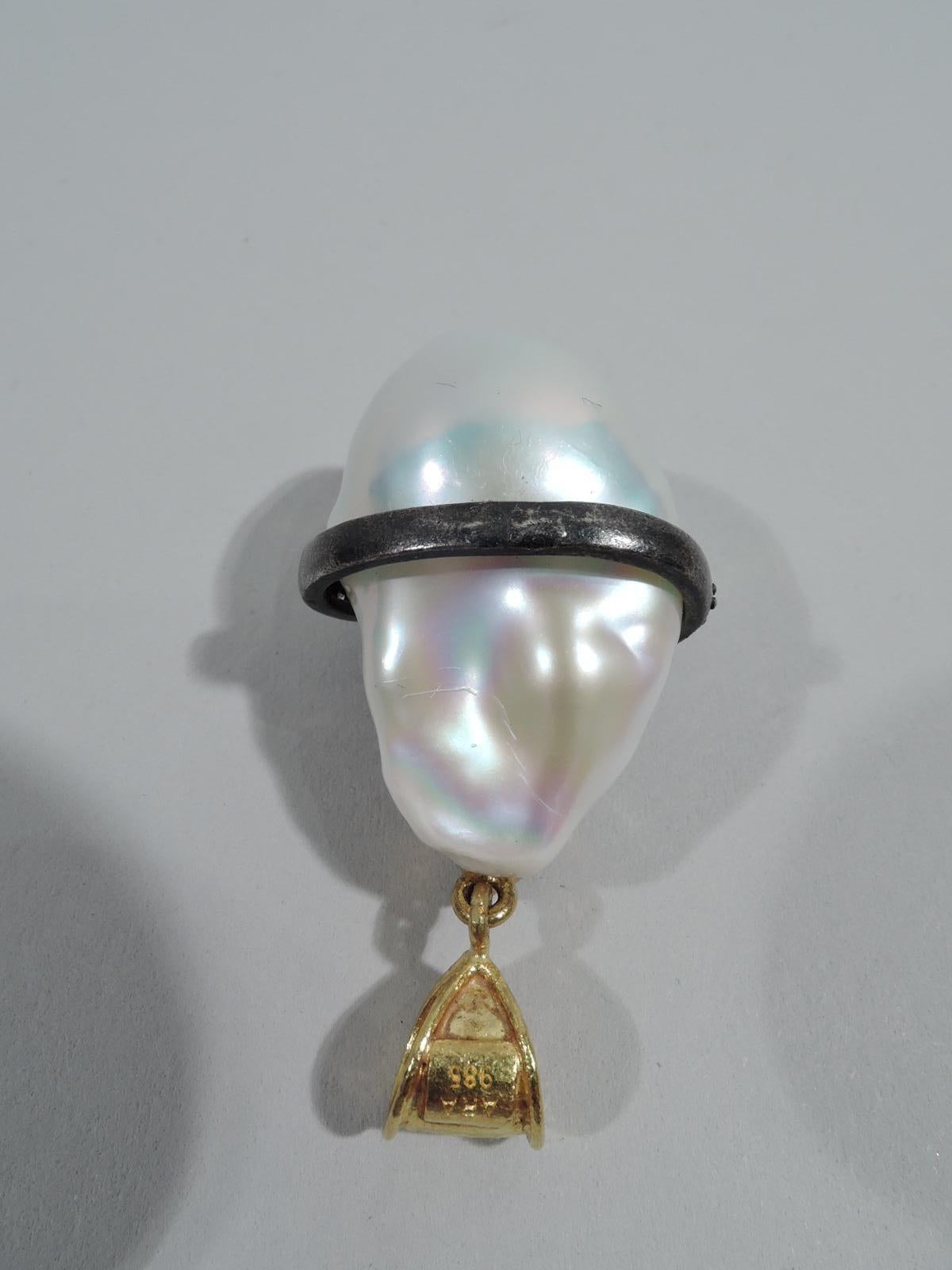 Rose Cut Natural Baroque Pearl Pendant with Diamond-Encrusted Silver Snake For Sale