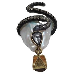 Vintage Natural Baroque Pearl Pendant with Diamond-Encrusted Silver Snake
