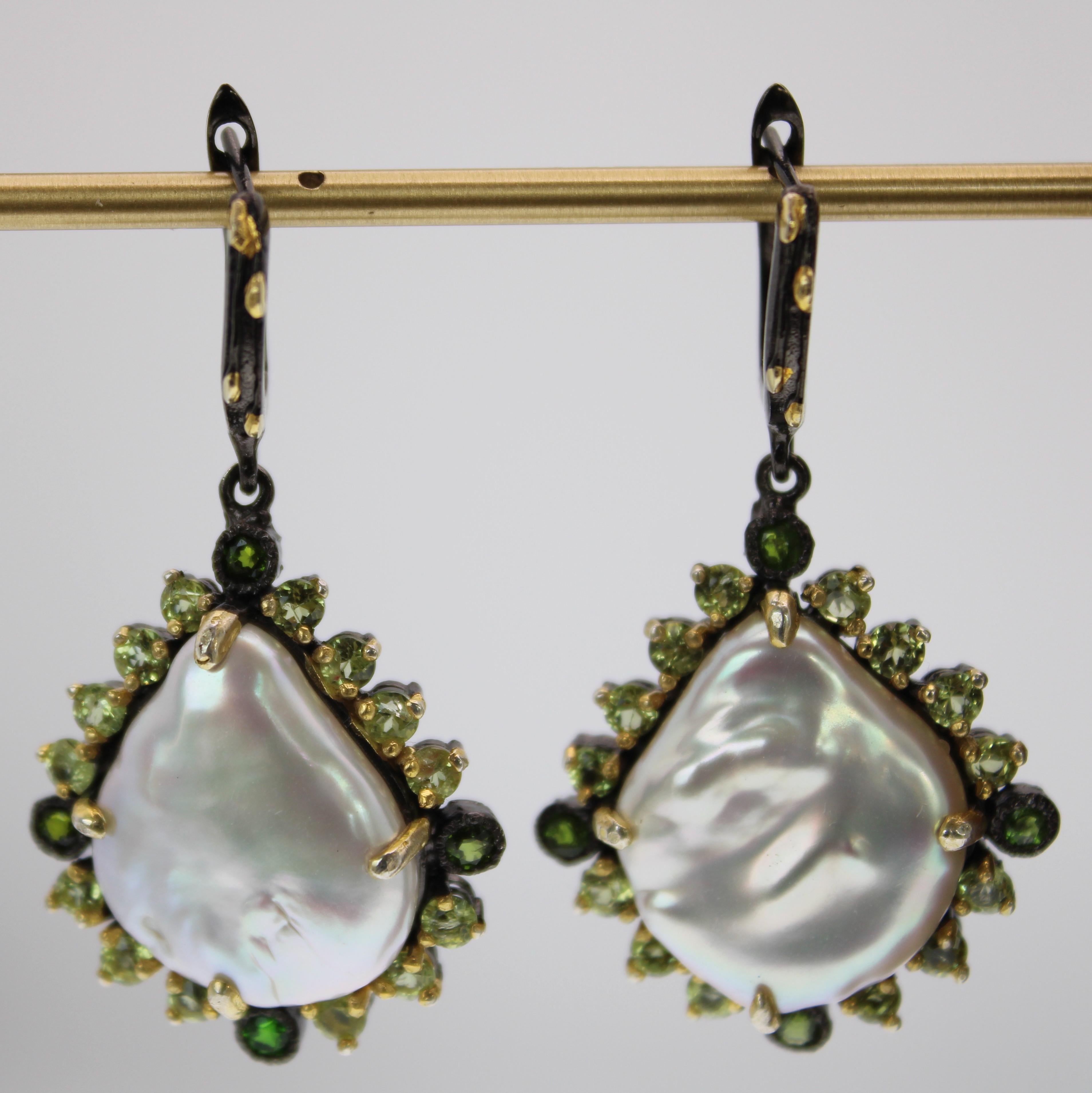 Modern Natural Baroque Pearl, Peridot & Green Onyx Earrings in Rhodium and Gold Plate For Sale