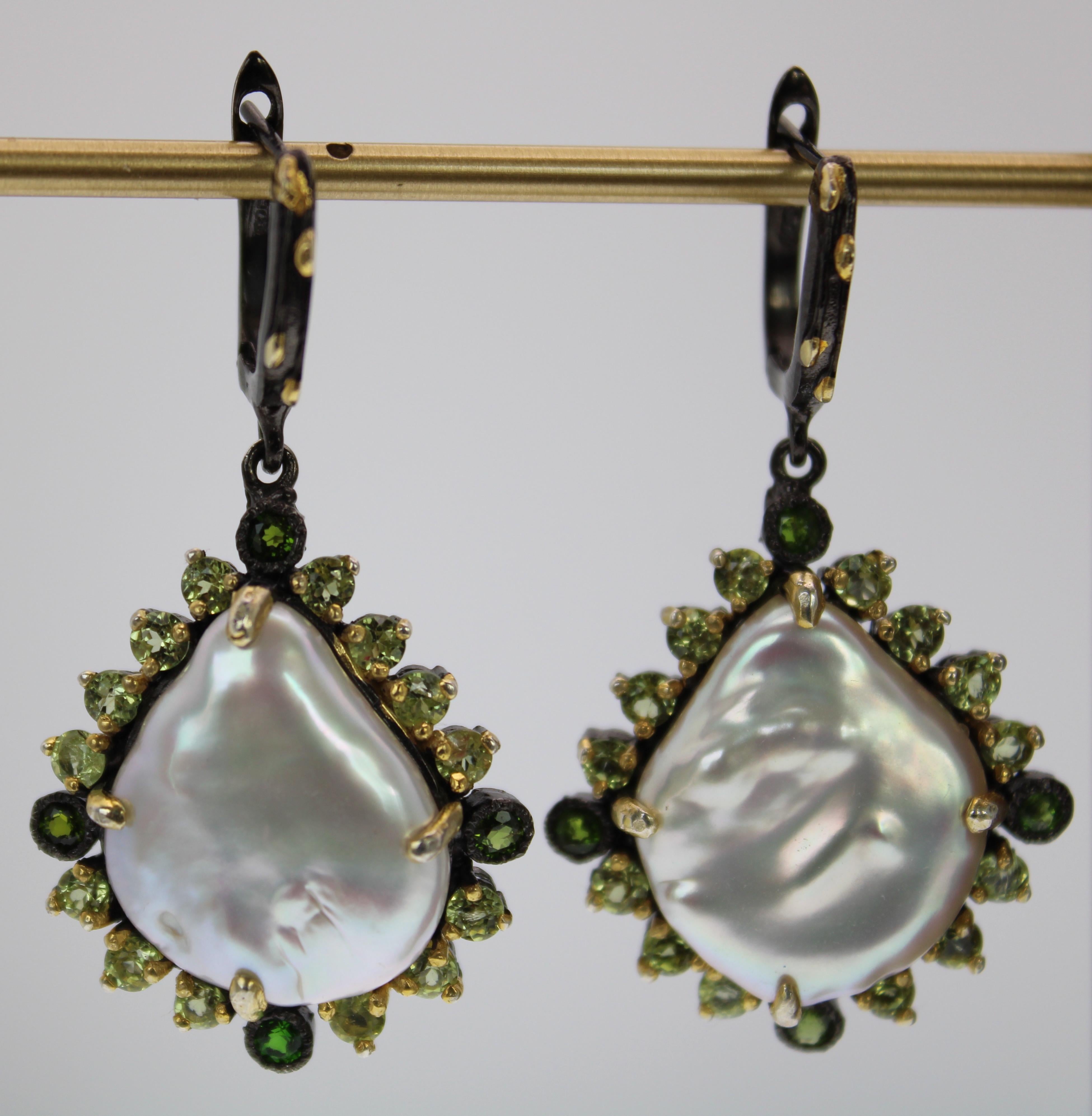 Pear Cut Natural Baroque Pearl, Peridot & Green Onyx Earrings in Rhodium and Gold Plate For Sale