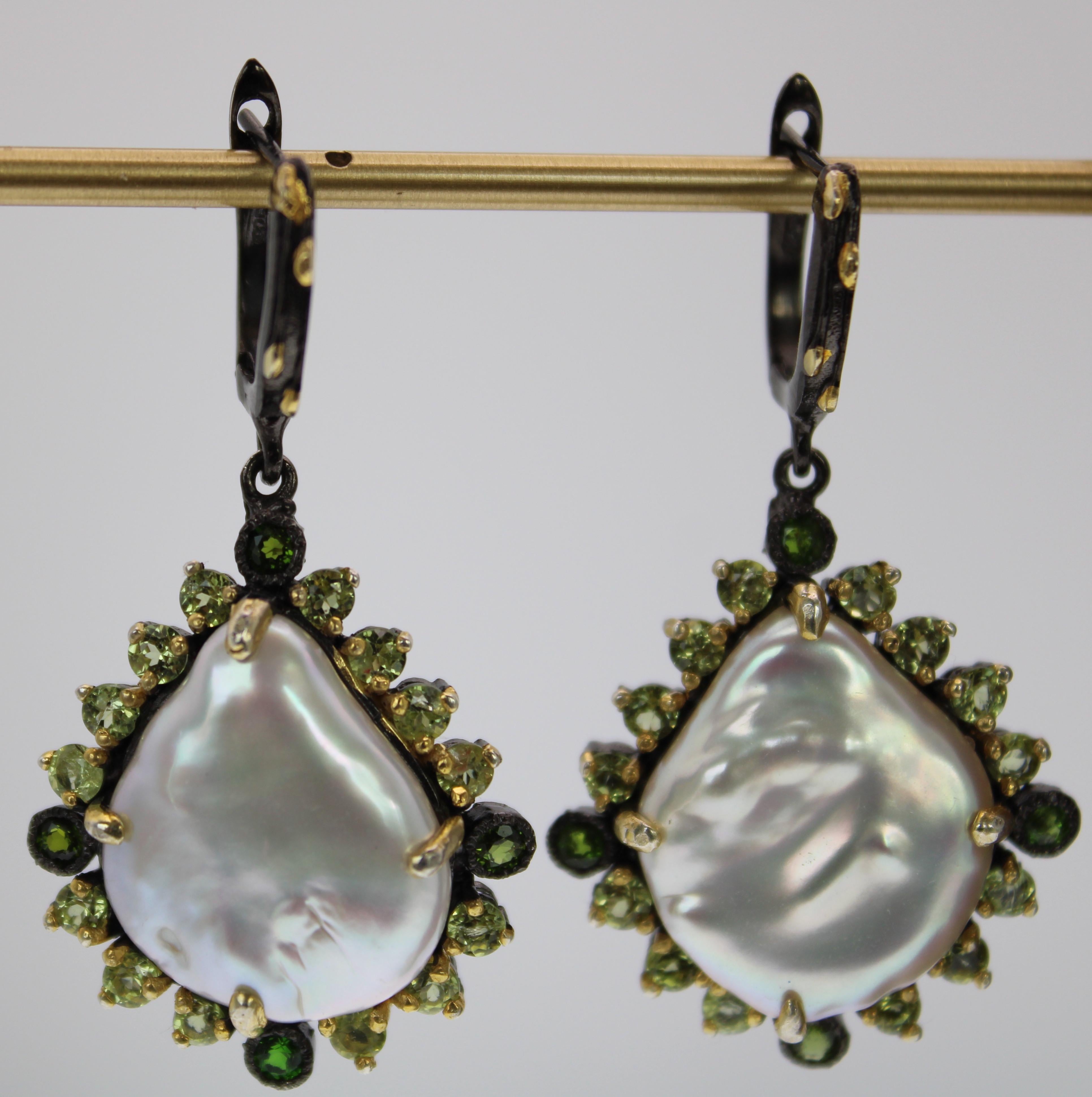 Natural Baroque Pearl, Peridot & Green Onyx Earrings in Rhodium and Gold Plate In New Condition For Sale In Amagansett, NY