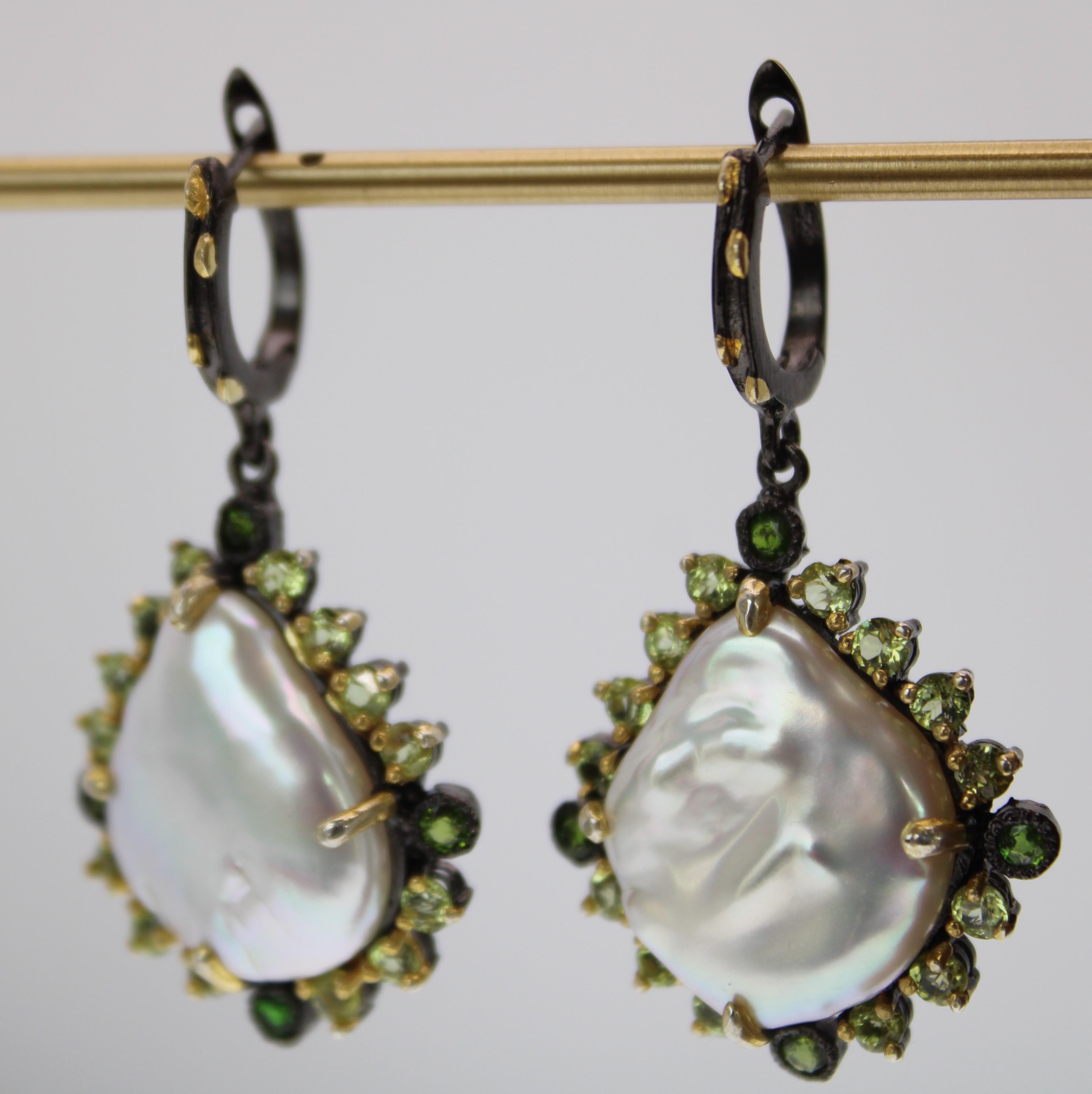 Women's or Men's Natural Baroque Pearl, Peridot & Green Onyx Earrings in Rhodium and Gold Plate For Sale