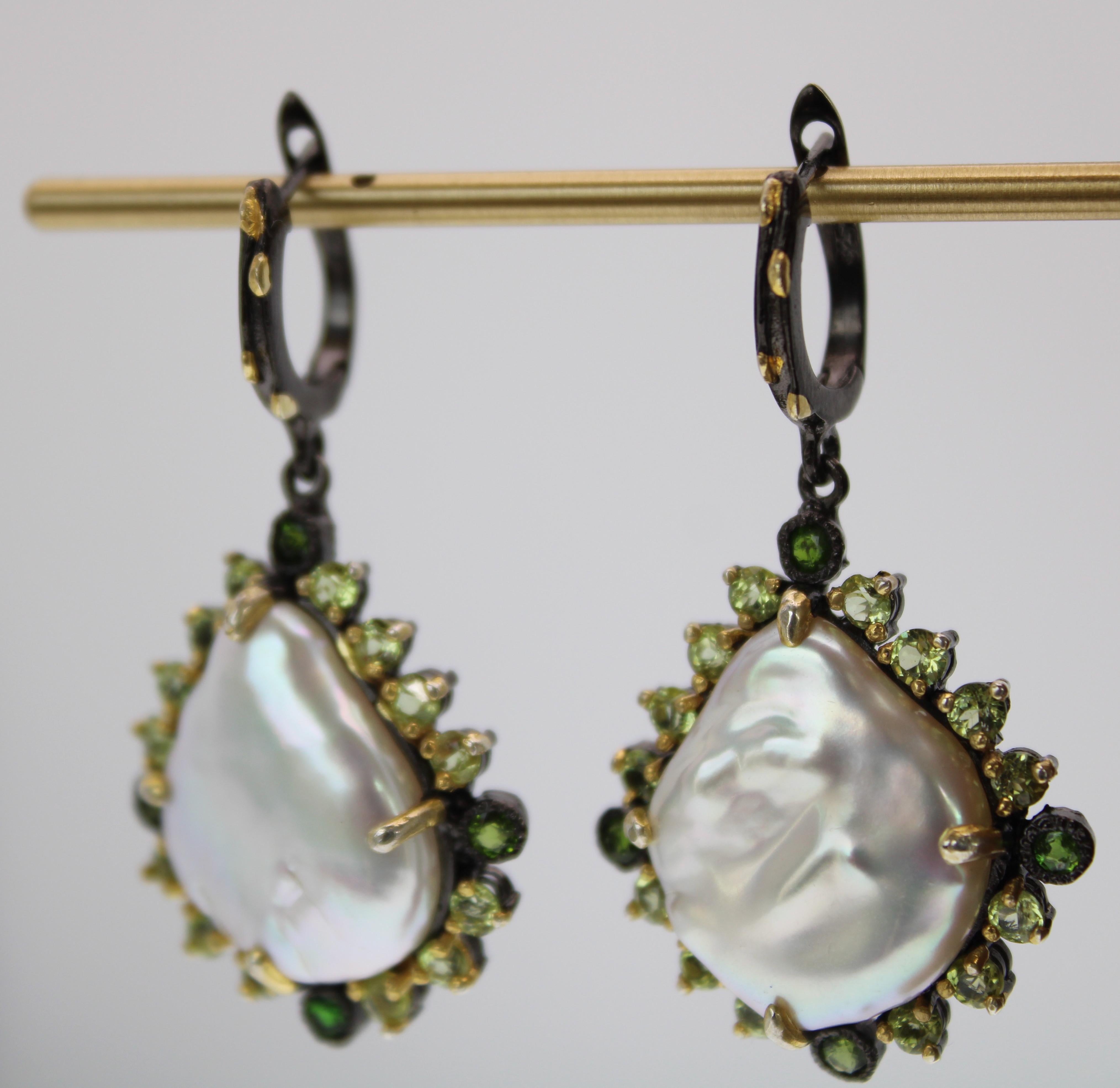 Natural Baroque Pearl, Peridot & Green Onyx Earrings in Rhodium and Gold Plate For Sale 1