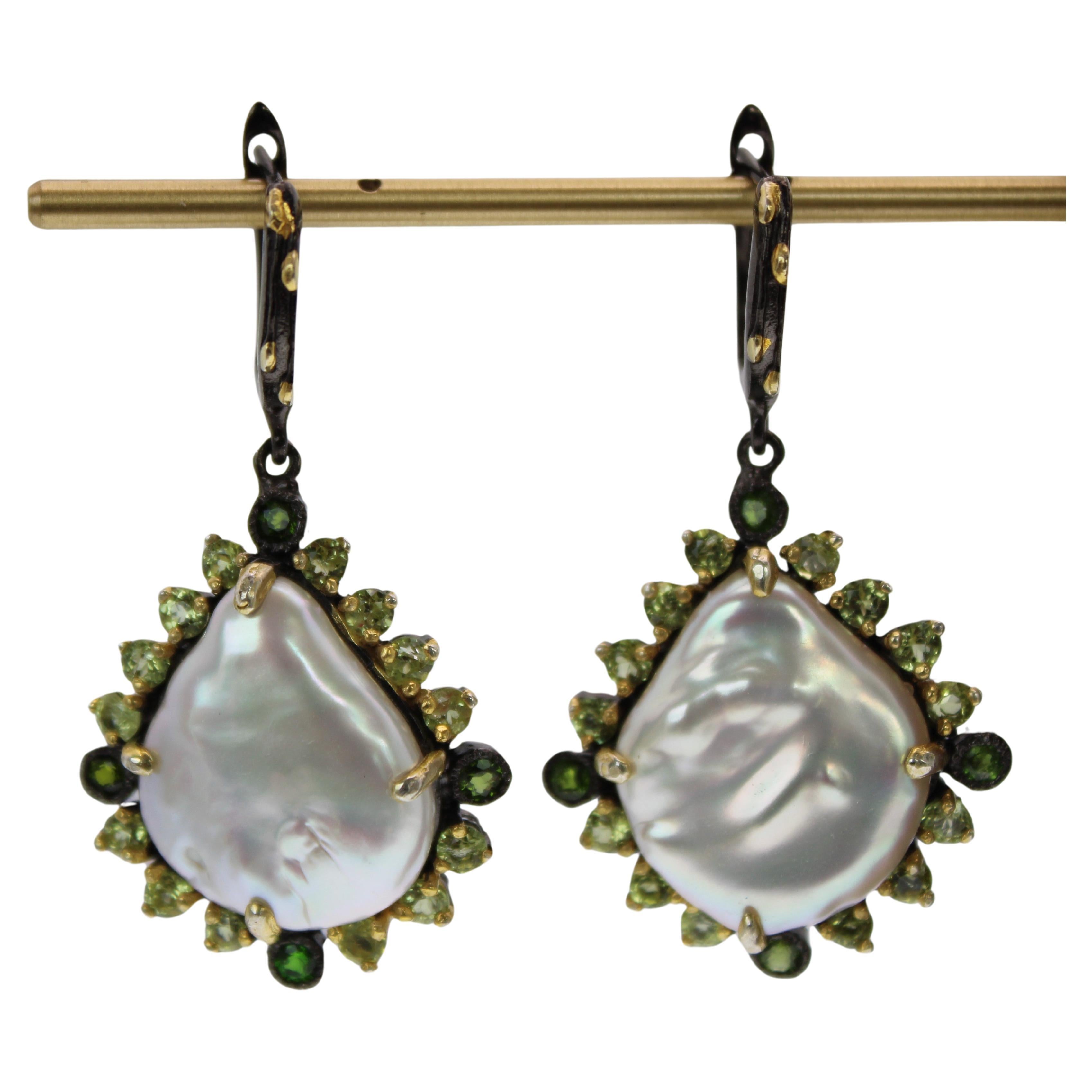 Natural Baroque Pearl, Peridot & Green Onyx Earrings in Rhodium and Gold Plate For Sale