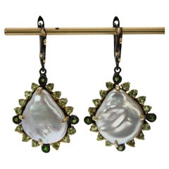 Natural Baroque Pearl, Peridot & Green Onyx Earrings in Rhodium and Gold Plate