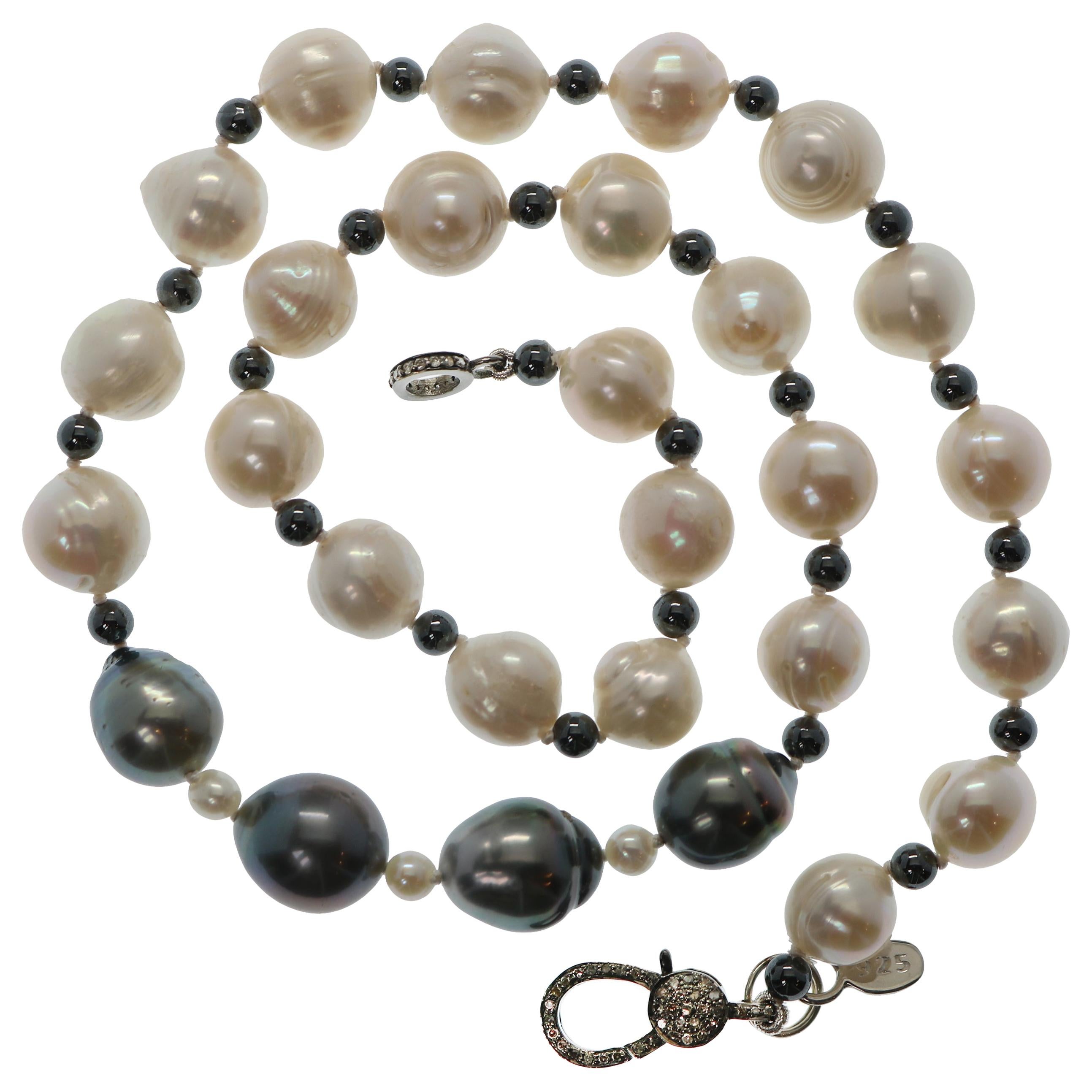 Natural Baroque White Gray Akoya Pearl Necklace with Sterling Diamond Clasp