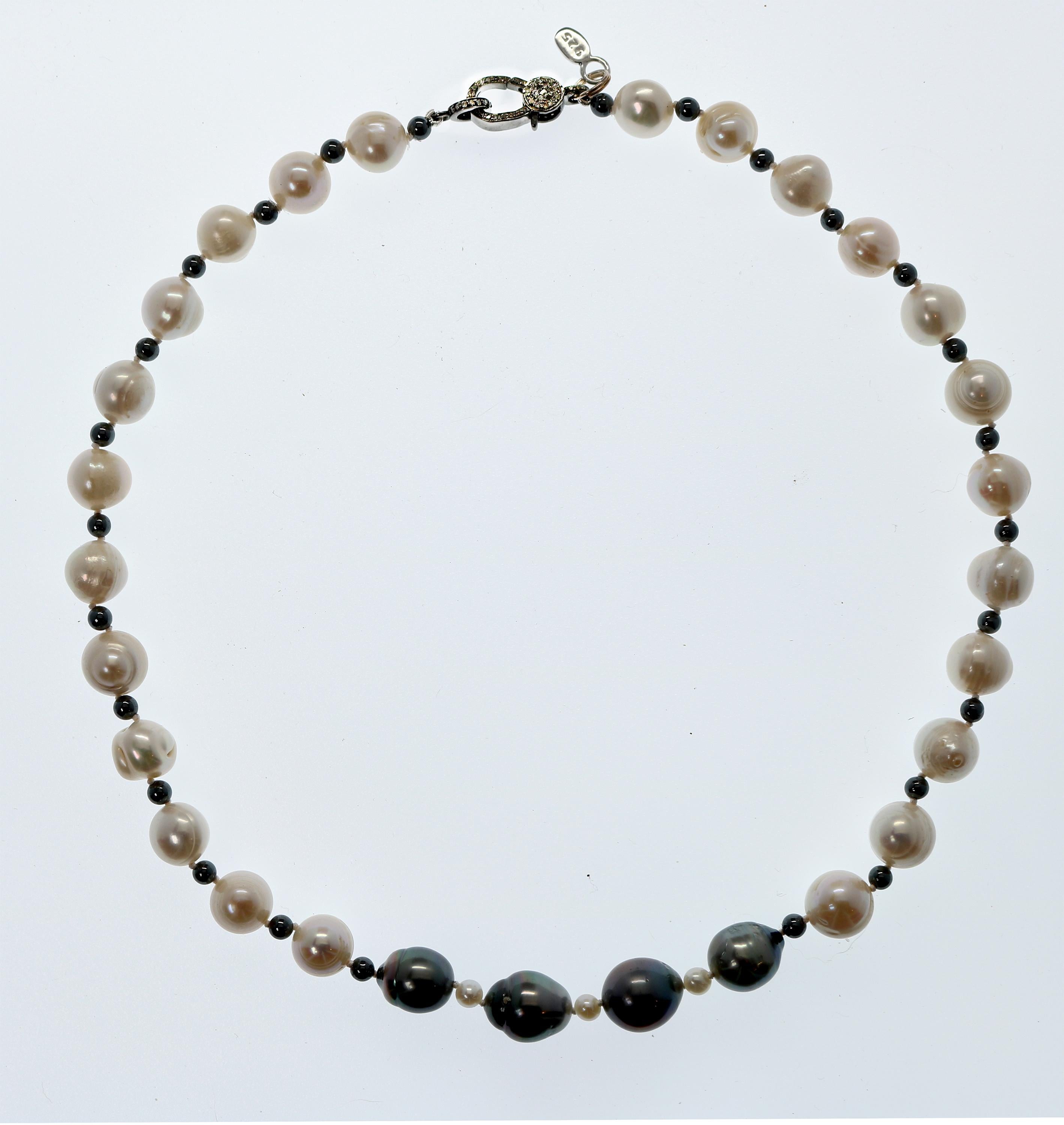Artisan Natural Baroque White Gray Akoya Pearl Necklace with Sterling Diamond Clasp