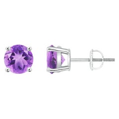 Boucles d'oreilles en platine ornées d'une améthyste ronde de 1.6 carats sertie d'un panier naturel