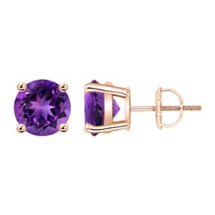 Natürliche runde 3.4 Karat Amethyst-Ohrstecker in 14 Karat Roségold mit Korbgeflecht