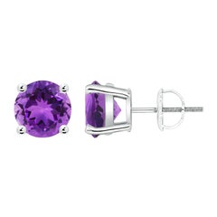Natural Basket-Set Round 3.4ct Amethyst Studs in 14K White Gold