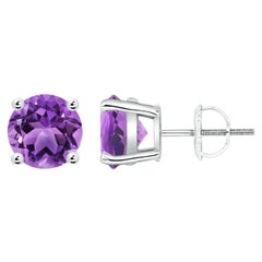 Boucles d'oreilles en platine ornées d'une améthyste ronde de 3,4 carats sertie d'un panier naturel