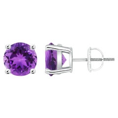 Boucles d'oreilles en platine ornées d'une améthyste ronde de 3,4 carats sertie d'un panier naturel