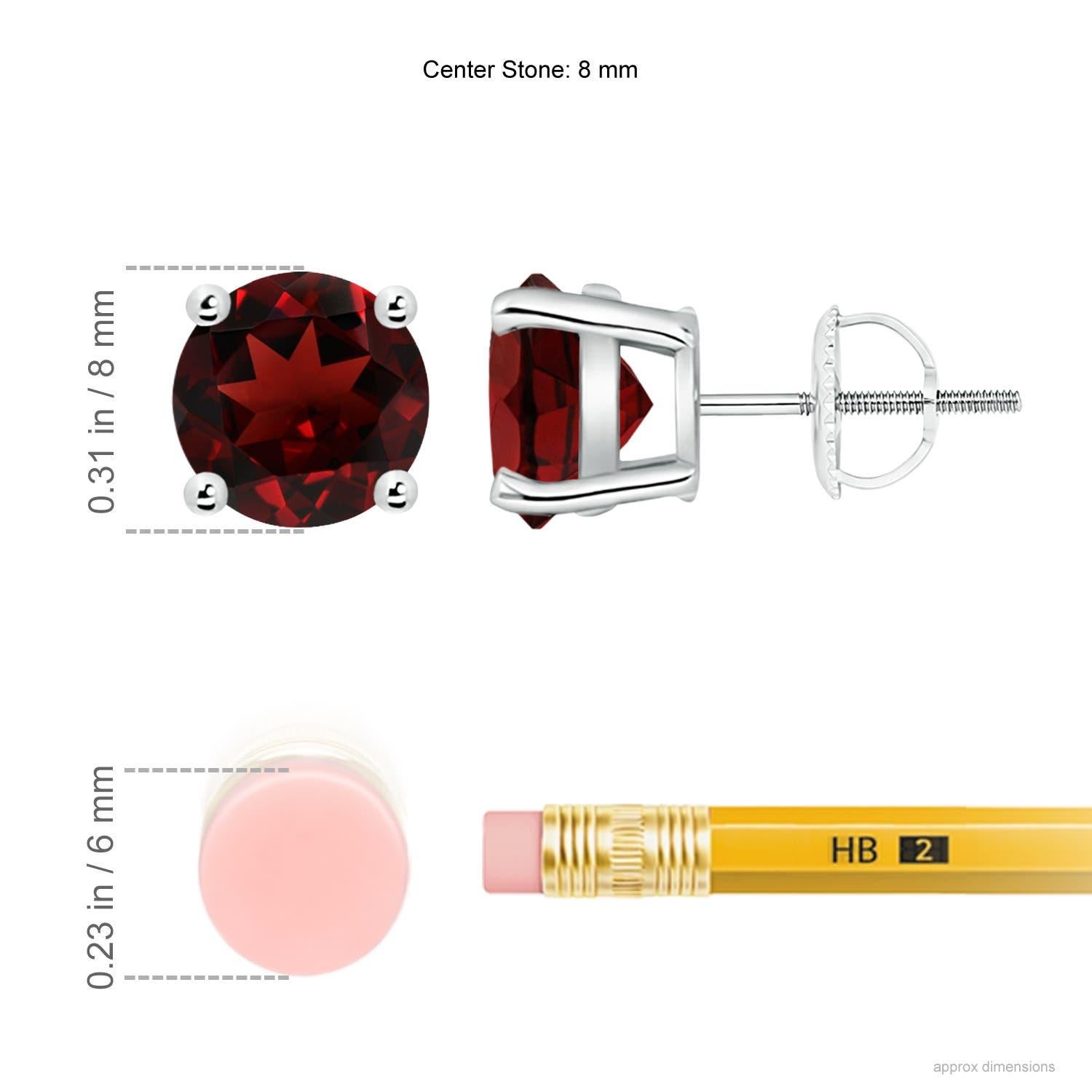 The beauty of these classic garnet stud earrings lies in their simple design and deep red hue. Secured in a 14K white gold basket prong setting, the round garnets look elegant.