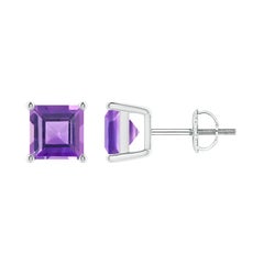 Boucles d'oreilles en platine avec améthyste carrée de 2ct, sertie de corbeille naturelle