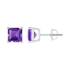 Boucles d'oreilles en platine avec améthyste carrée de 2ct, sertie de corbeille naturelle