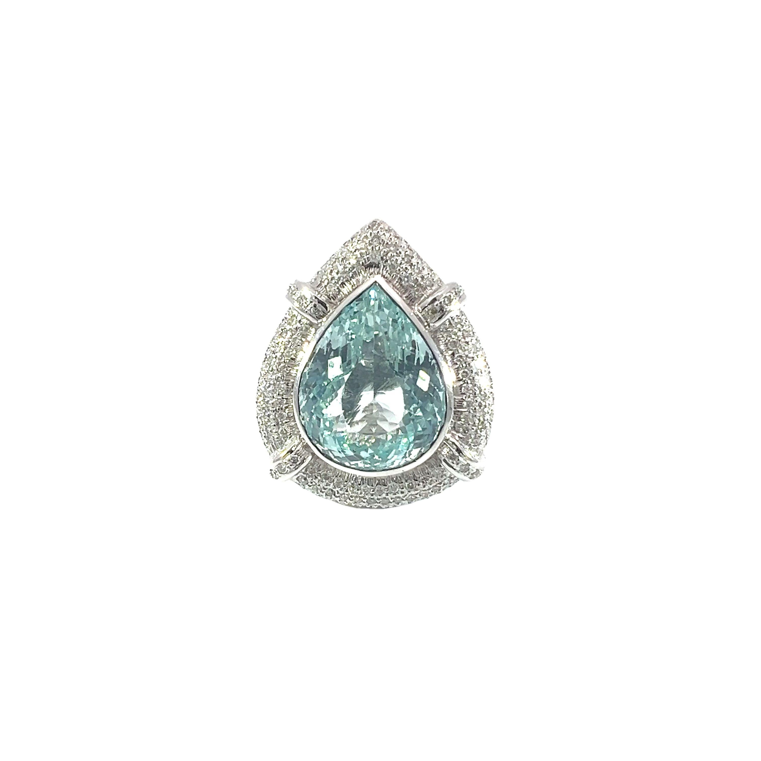 This stunning ring has a pear shape and is handmade from 14Kt white gold. It is adorned with 1.02-carat diamonds and a natural 15.44-carat aquamarine. 

This stunning tear drop shaped ring features a brilliant aquamarine gemstone, encased in a halo
