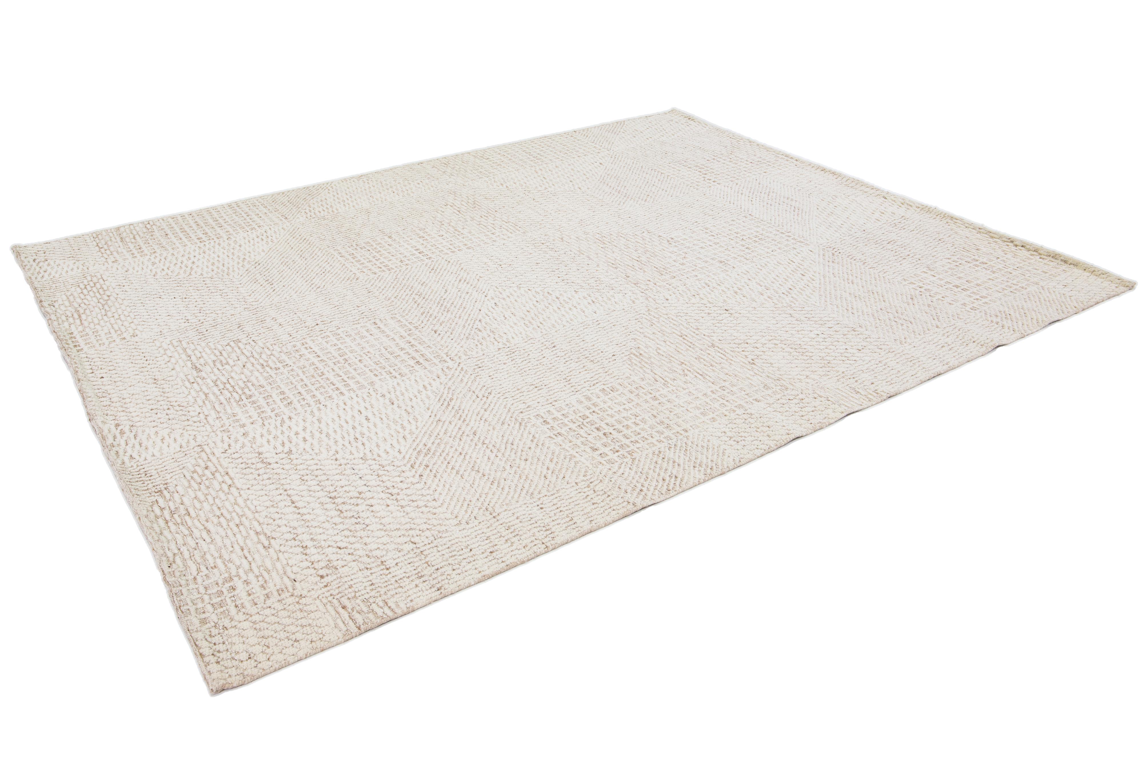 Contemporary Natural Beige Modern Wool Rug Moroccan Style with Abstract Motif For Sale