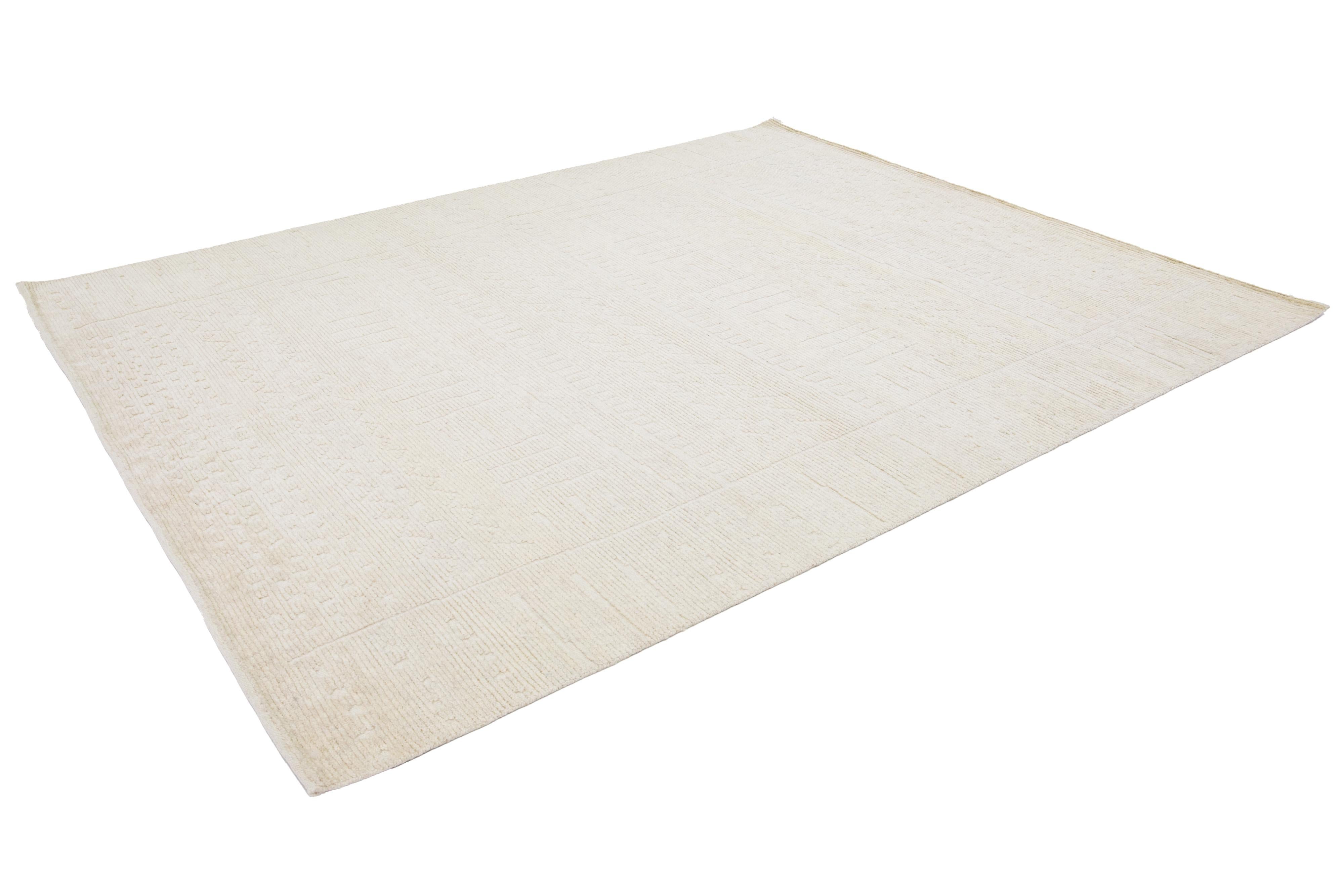 Contemporary Natural Beige Moroccan Style Modern Wool Rug With Tribal Motif For Sale