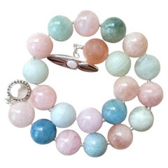 Used Beryl Aquamarine Morganite Necklace with Pink Mussel and Brown Lip Toggle Clasp