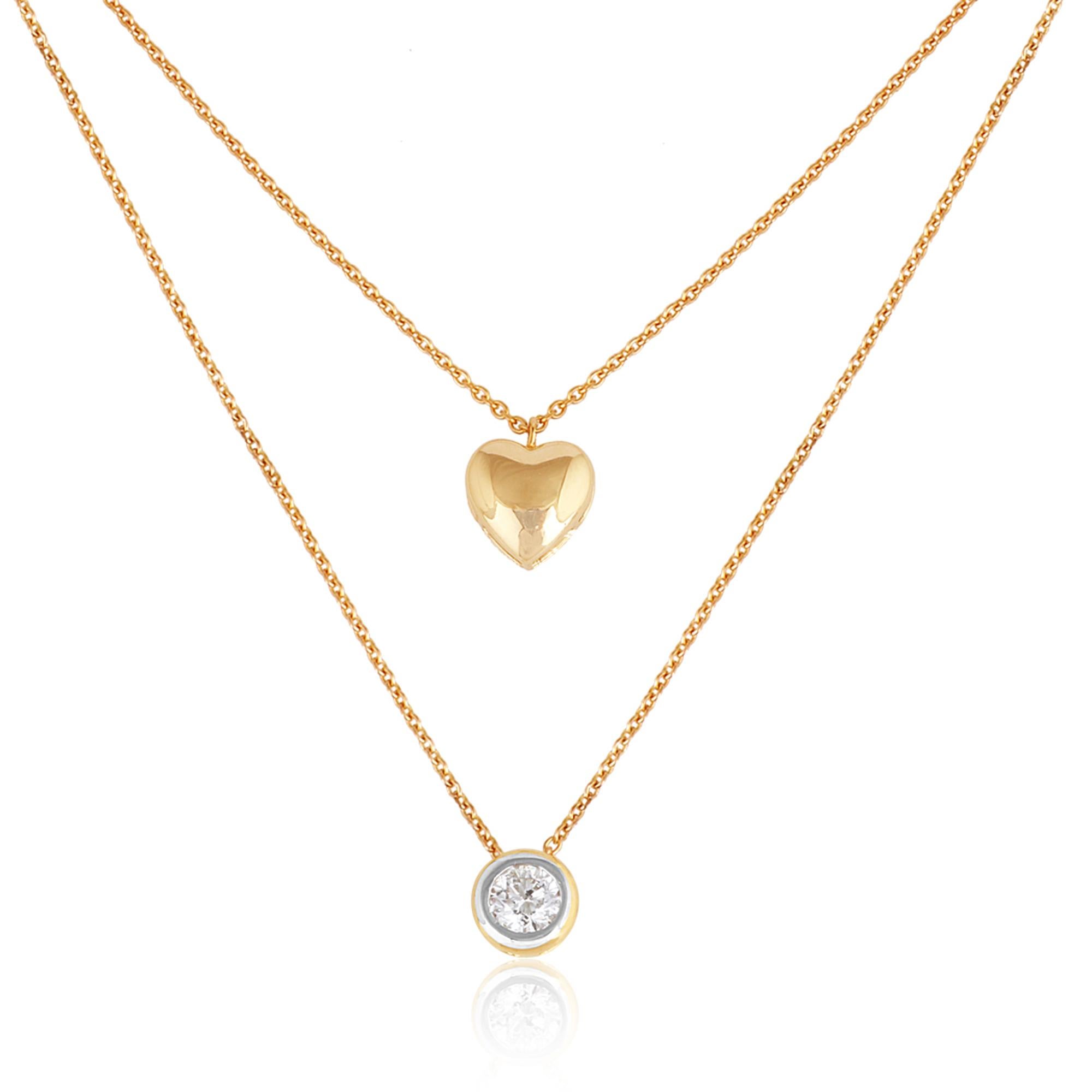 Round Cut Natural Bezel Set Diamond Heart Charm Necklace 14 Karat Yellow Gold Fine Jewelry For Sale