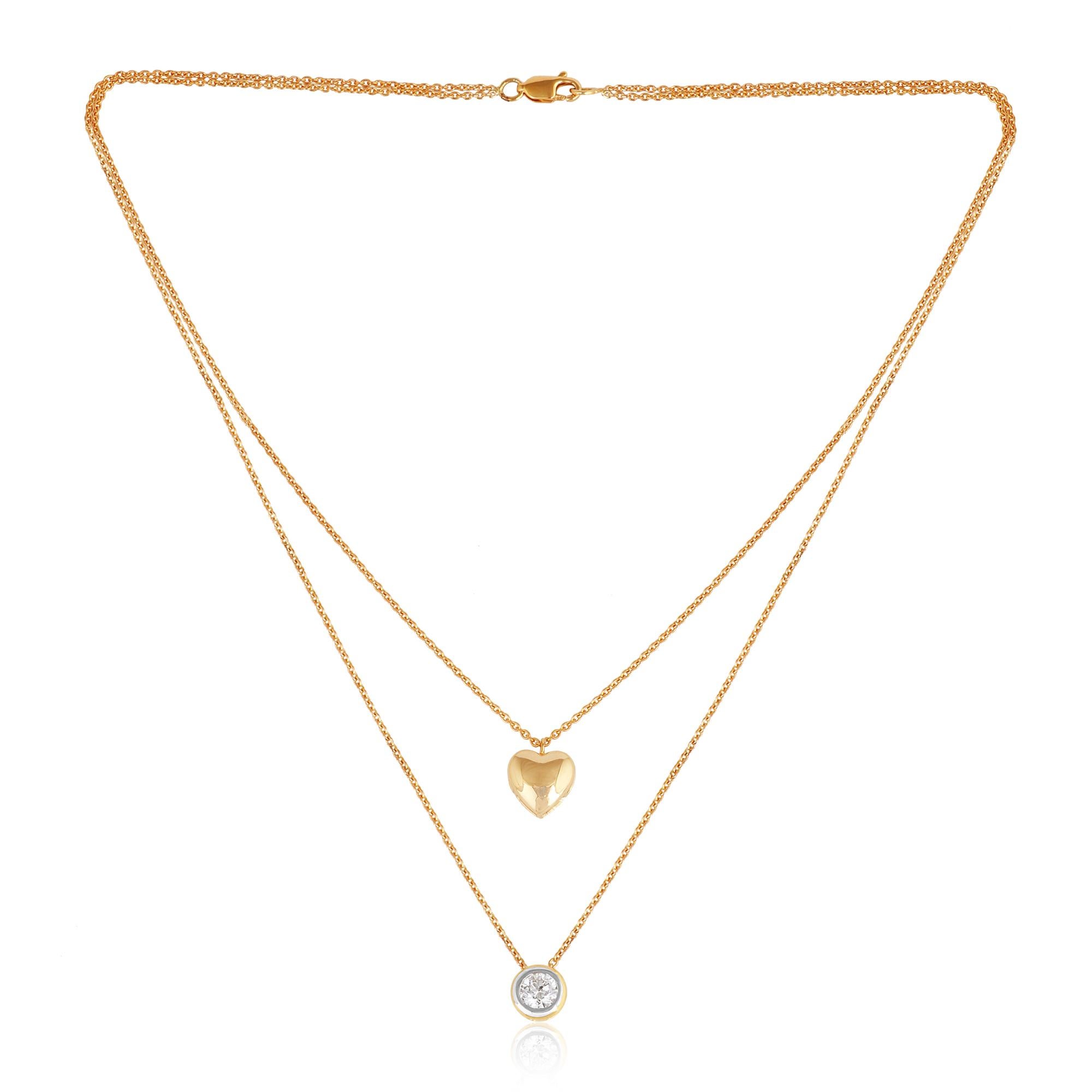 Women's Natural Bezel Set Diamond Heart Charm Necklace 14 Karat Yellow Gold Fine Jewelry For Sale