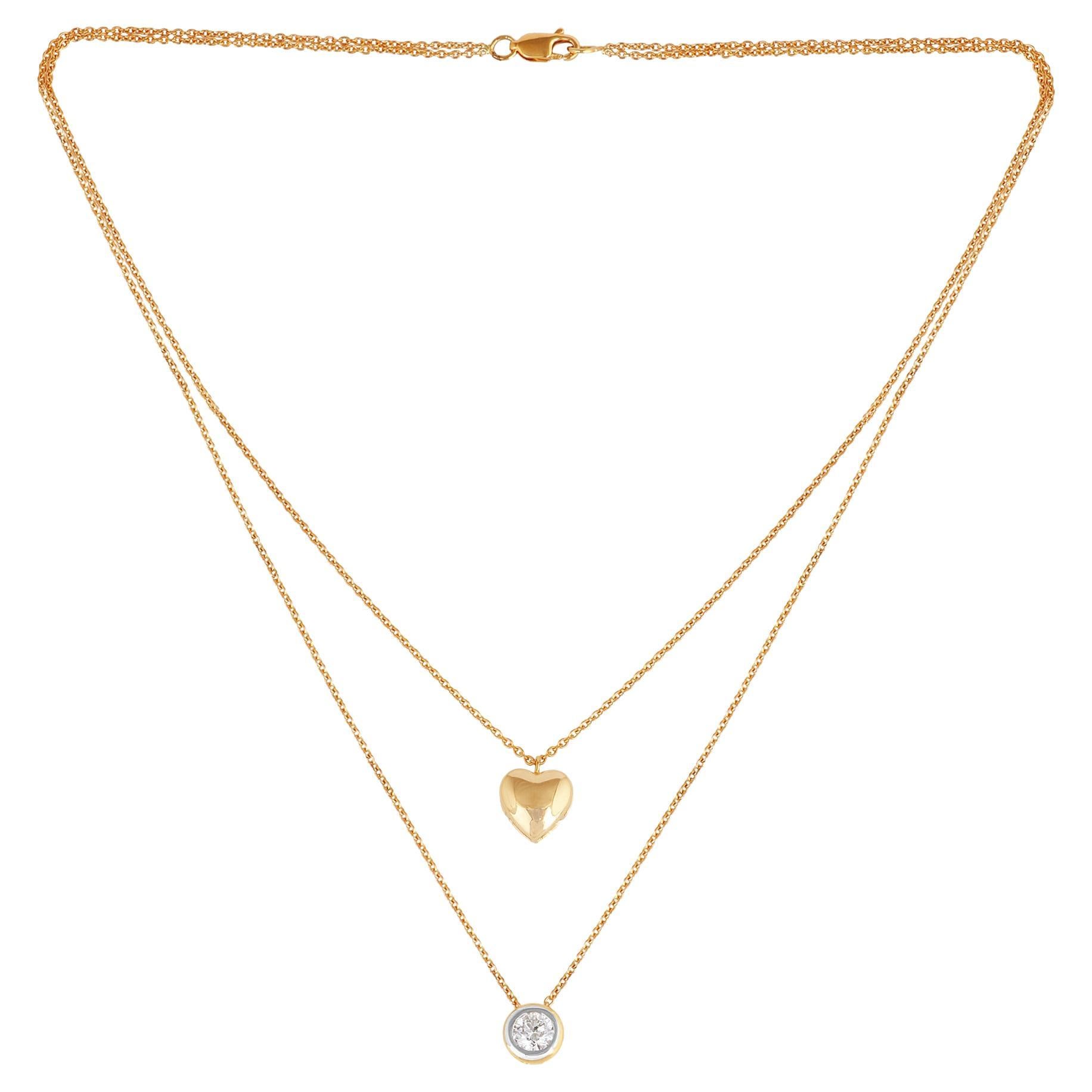Natural Bezel Set Diamond Heart Charm Necklace 14 Karat Yellow Gold Fine Jewelry For Sale