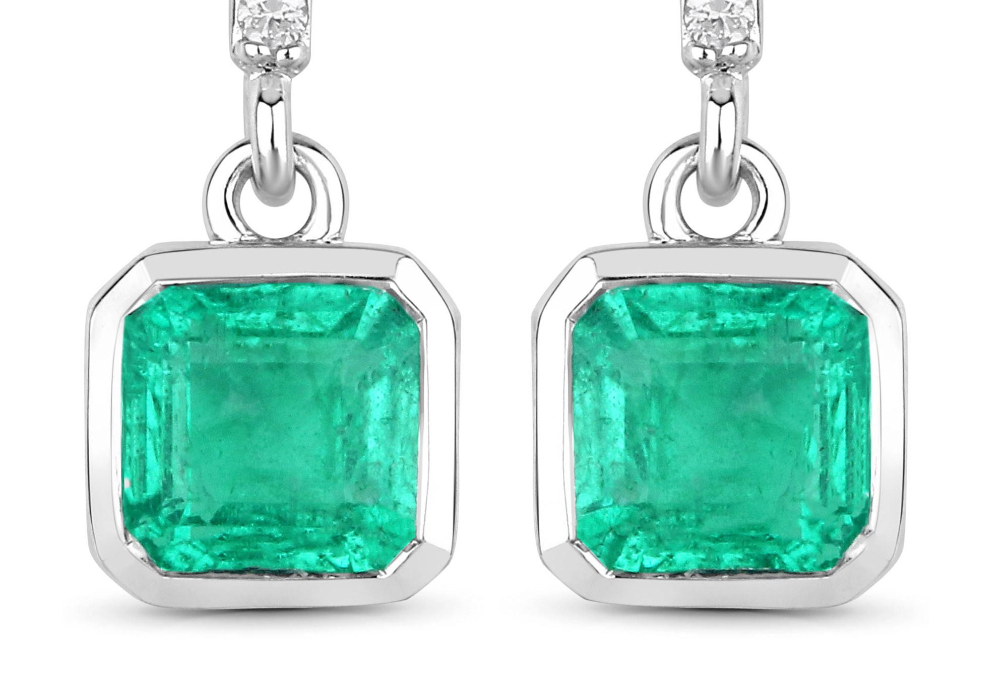 Asscher Cut Natural Bezel Set Emerald and Diamond Dangle Earrings 1.50 Carats 14K Gold For Sale