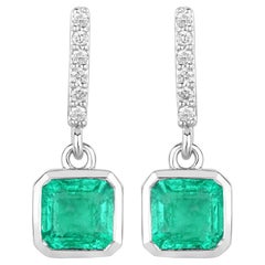 Natural Bezel Set Emerald and Diamond Dangle Earrings 1.50 Carats 14K Gold