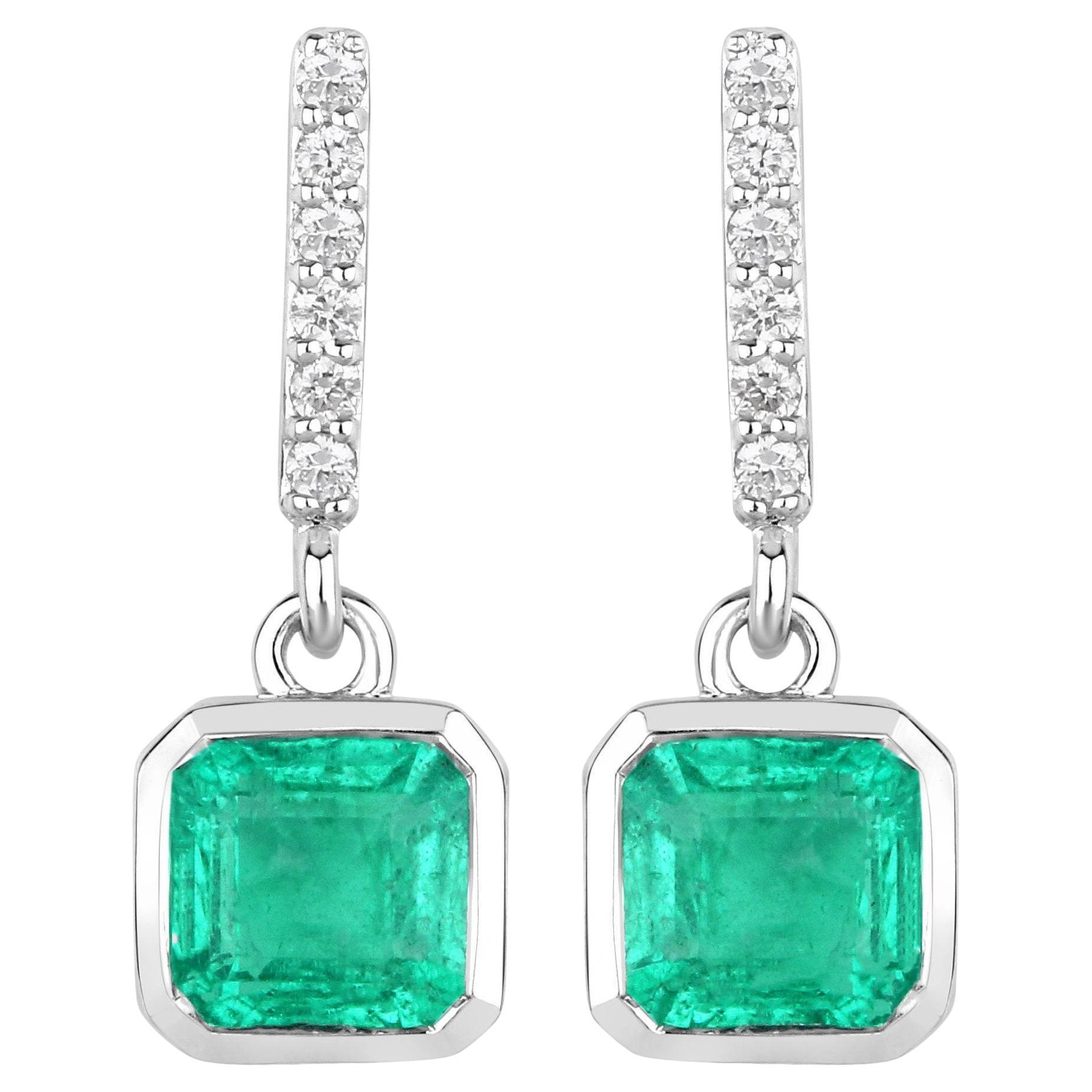 Natural Bezel Set Emerald and Diamond Dangle Earrings 1.50 Carats 14K Gold For Sale