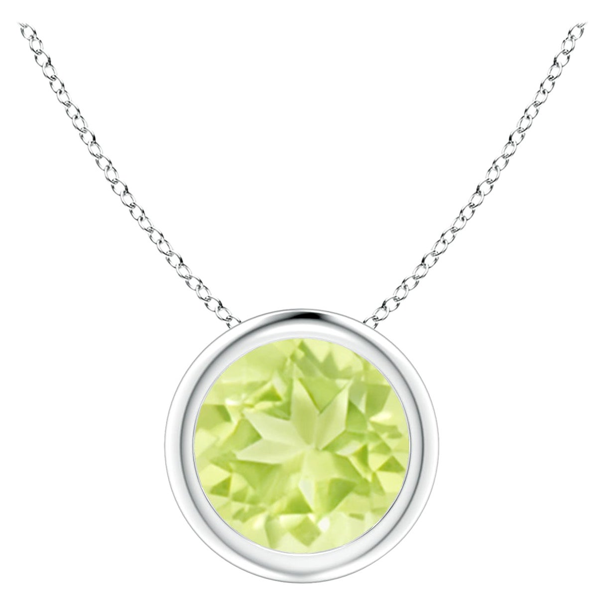 Colgante solitario de peridoto redondo de 1,4 ct en oro blanco de 14 quilates con engaste biselado natural
